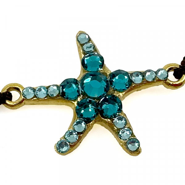 Ekaterini friendship bracelet, starfish, turquoise Swarovski crystals brown cord and with gold accents, detail